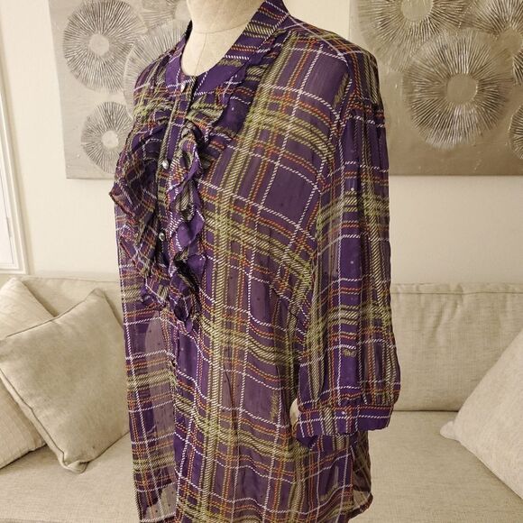 NEW! Apple Bottoms Plaid Chiffon Ruffle Blouse - size 3X in Purple - Picture 5 of 11